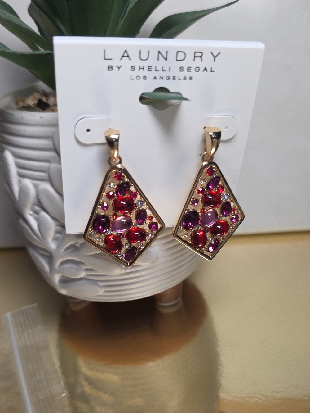 Laundry By Shelli Segal Gold-Tone Drop Earrings with Pink and Red Gemstones